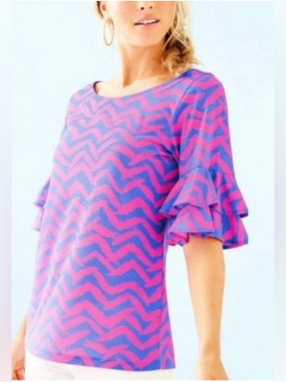 NWOT Lilly Lula top vibrant chevron print in pink and blue with ruffled sleeves